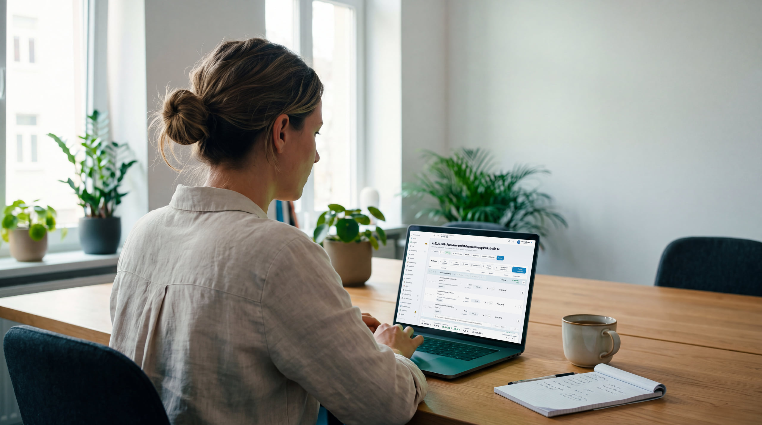 Bürokraft schreibt ein Angebot in GREVARO am Laptop