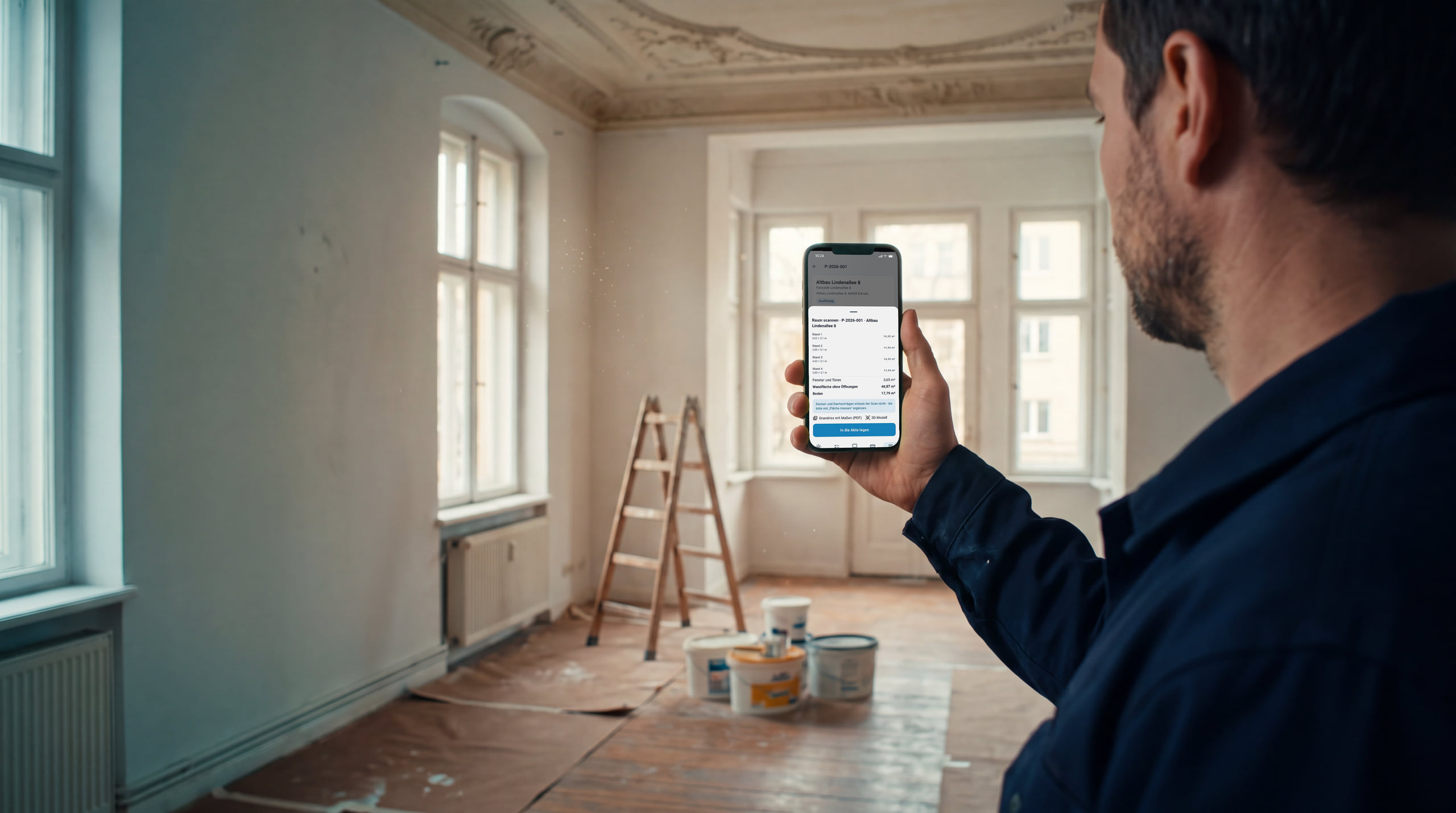 Monteur scannt einen Altbau-Raum mit der GREVARO-App