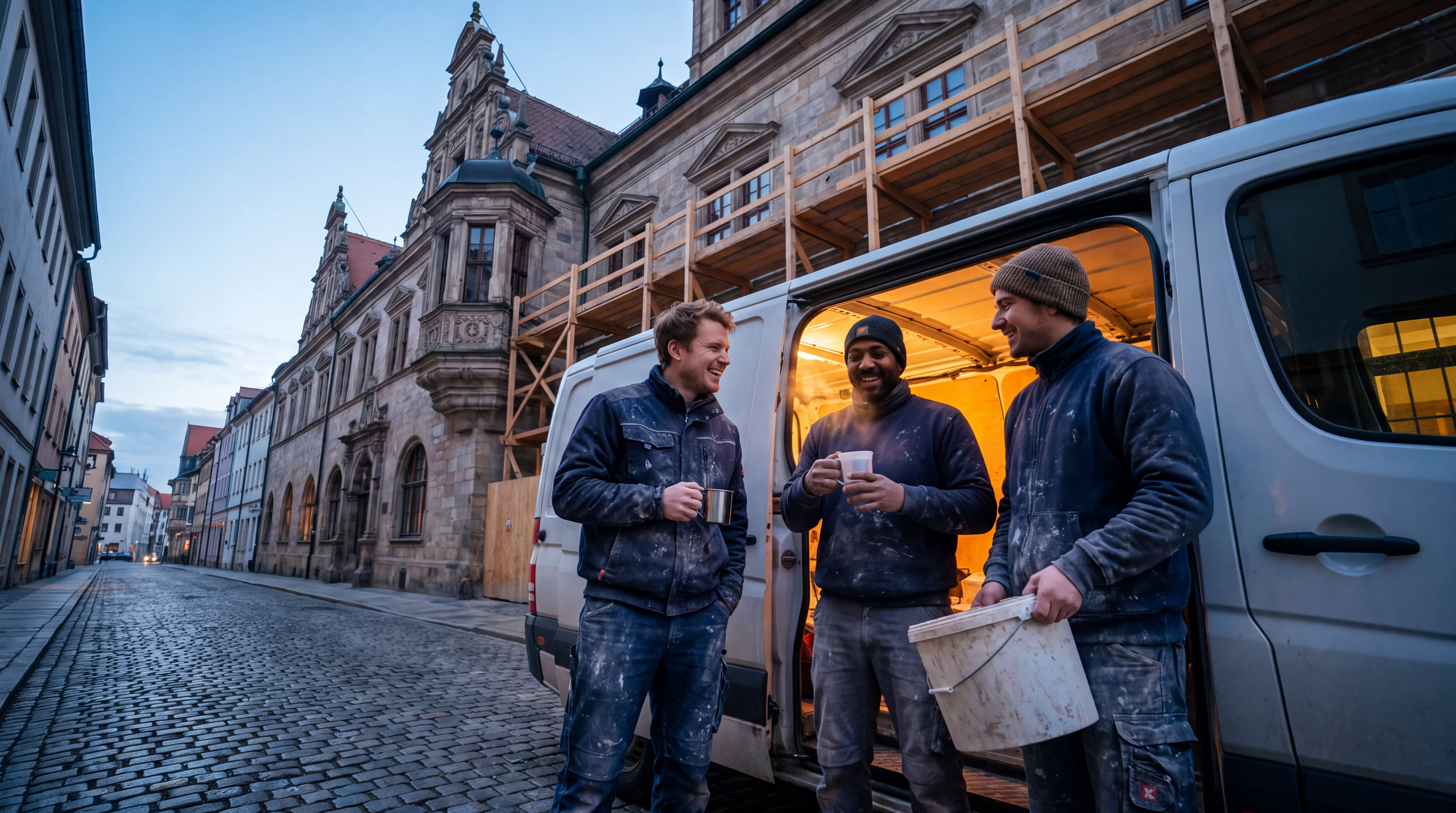 Drei Sanierer mit Kaffee am Transporter vor einer Altbau-Baustelle